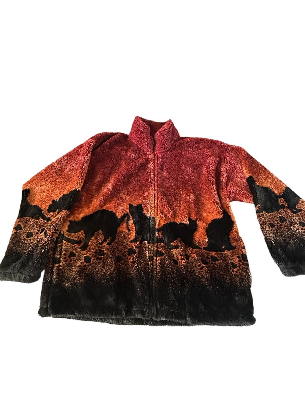 MAZMANIA Vintage 90s Black Cat Rust & Black Fleece Fuzzy Jacket Size L